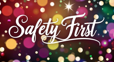 safety first calligraphic lettering on colorful bokeh glitter festive sparkles background