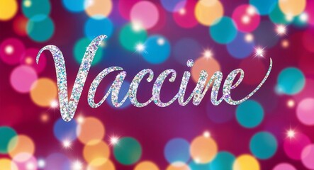 Naklejka premium vaccine calligraphic lettering on colorful bokeh glitter festive sparkles background