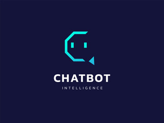 Fototapeta premium Chat Bot Artificial Intelligence Technology with Robot Face geometric Octagon shapes logo vector design concept. Robot Virtual Assistance logotype symbol for AI Technology, online support, automation.
