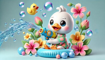 Little duck is having fun playing with a water gun