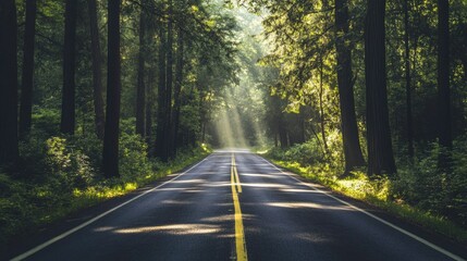 Fototapeta premium A scenic drive through a dense forest with overhanging green trees, the sunlight creating dappled shadows on the road.