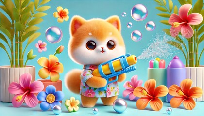 Fototapeta premium A little orange cat is having fun playing with a water gun