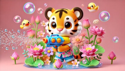 Little tiger holding a water gun