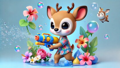 Little deer holding a water gun