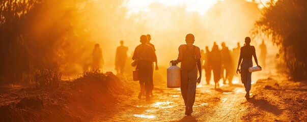 Fototapeta premium People walking with water containers at sunrise in a rural area, showcasing daily life and community togetherness.