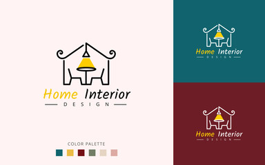 Naklejka premium Luxurious Minimal Home Interior Logo Design Concept for Hanging Light, Chair And Table, Home Decor Line Art Log Design