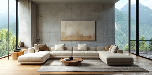 Modern living room with large windows overlooking a mountain view.
