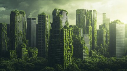 Urban Jungle with Lush Greenery and Skyscrapers