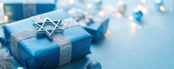 Blue Hanukkah gift box with silver ribbon and Star of David decoration, surrounded by festive lights in a winter holiday setting.