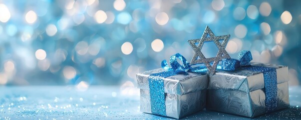 Elegantly wrapped holiday gifts with blue ribbons and a Star of David decoration, set against a festive bokeh background.