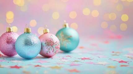 Fototapeta premium Colorful Christmas baubles with glittery designs on a pastel background, perfect for festive holiday decoration and celebration themes.
