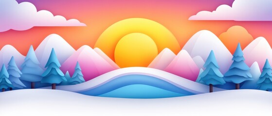 A vibrant winter landscape featuring snow-capped mountains, a bright sun, and colorful trees under a pink-orange sky.