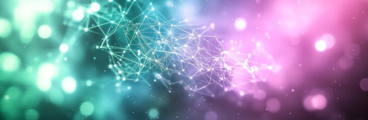 Abstract  background with a network of glowing lines and blurred lights in blue, pink, and green tones.
