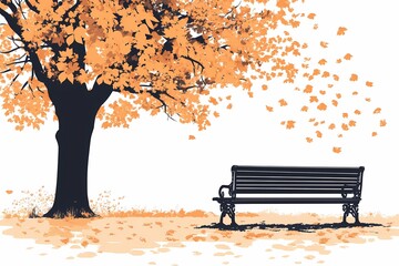 A rustic park bench covered in golden leaves, set in a tranquil autumn park, ideal for cozy and serene landscape visuals.