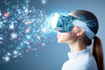 A woman experiencing virtual reality with futuristic visual effects, showcasing innovation and technology in modern entertainment.