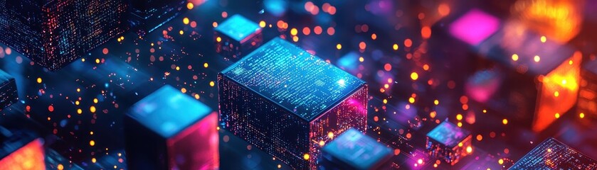 Colorful abstract digital landscape of glowing cubes, vibrant lights, and futuristic technology, perfect for modern tech presentations and backgrounds.