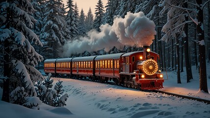 Cute christmas train goes through fantastic winter forest.