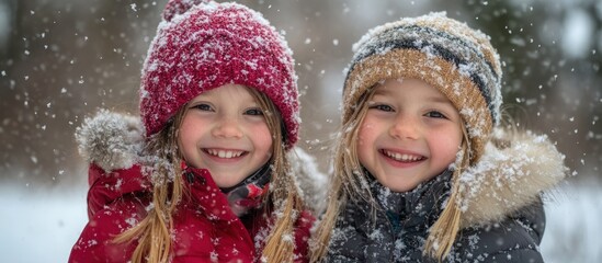 Two smiling girls in winter hats and jackets with snow falling around them.