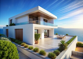Fototapeta premium Modern Mediterranean House Architectural Detail by the Sea with Blue Sky
