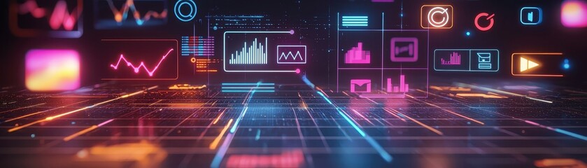 Naklejka premium Abstract digital interface with futuristic graphs and charts, representing data analysis and business intelligence.