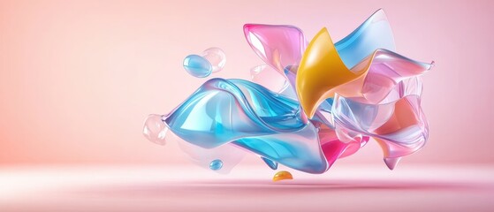 Fototapeta premium Abstract colorful shapes in motion, creating a vibrant and dynamic visual effect against a soft pink background.