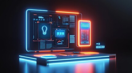 Futuristic digital interface with bright neon lights, depicting advanced technology and innovation in a dark studio setting.