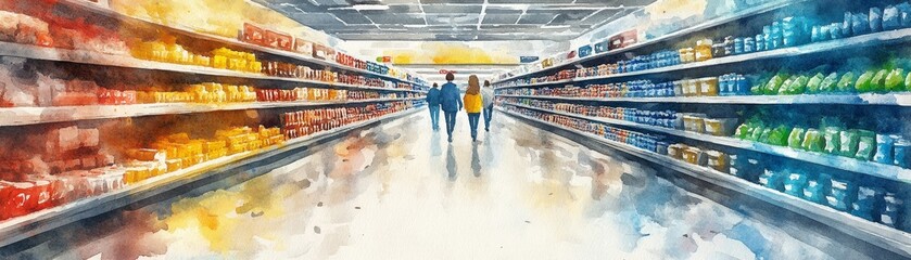 Fototapeta premium Watercolor Illustration of a Crowded Retail Aisle