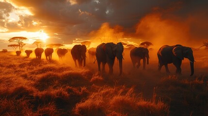 Fototapeta premium Elephant Herd Silhouettes at Sunset