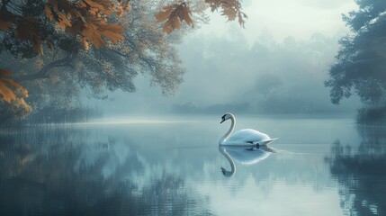 A serene swan gliding gracefully across a tranquil lake, with trees reflecting in the still water