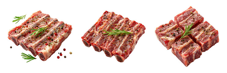 Fototapeta premium Fresh Raw Meat Cuts on Display with Herbs Isolated on Transparent Background