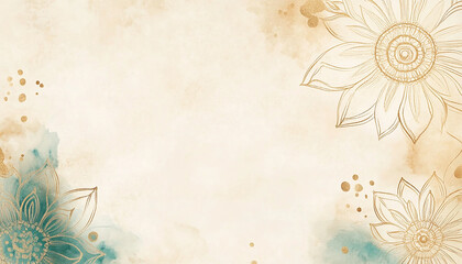 Abstract watercolor background with gold floral elements.