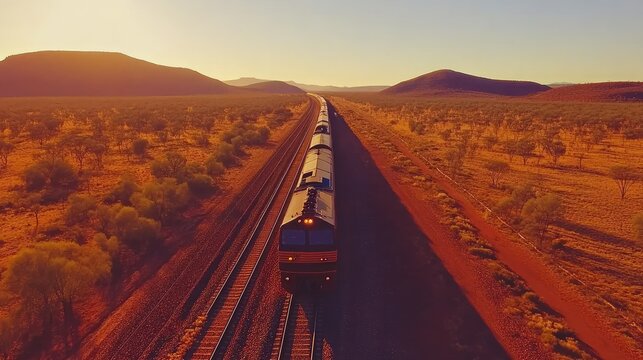 A shot of the Ghan train making its way through the Australian Outback, cutting through vast red landscapes