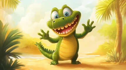 Happy Cartoon Crocodile in Tropical Setting