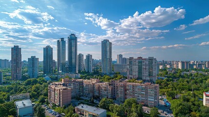 Obraz premium Aerial view of a modern cityscape with high-rise buildings, green areas, and a blue sky with scattered clouds on a sunny day.