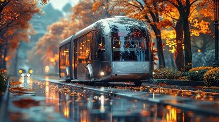 Obraz premium Futuristic Bus in Autumn Rain