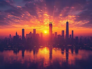 Fototapeta premium construction cranes silhouetted against a breathtaking sunset, illustrating the dynamic process of skyscraper development in an urban landscape, entwined with the beauty of nature