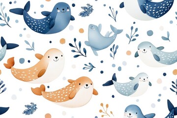 Watercolor seamless pattern of seals, isolate on white background.