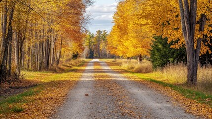 Obraz premium A stunning autumn landscape with trees covered in bright yellow and orange leaves, lining a quiet country road.