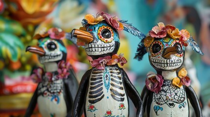 Fototapeta premium Three colorful, intricately designed Day of the Dead penguin figurines, adorned with flowers and vibrant patterns, in close-up view.