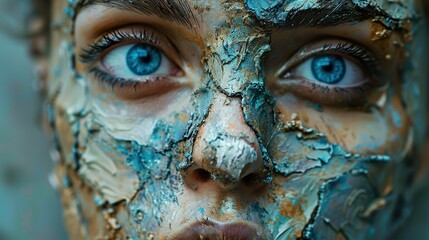 Intense Blue Eyes: A Close-Up Portrait of a Woman with Textured Makeup