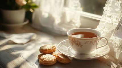 Afternoon tea with teacup, biscuits, and sunlight