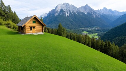 Fototapeta premium Charming Wooden Cabin Nestled in Scenic Mountain Landscape
