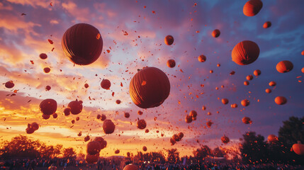 Pumpkins flying high in the sky at the World Punkin Chunkin Championships, sunset sky background with orange and purple colors, Ai generated images