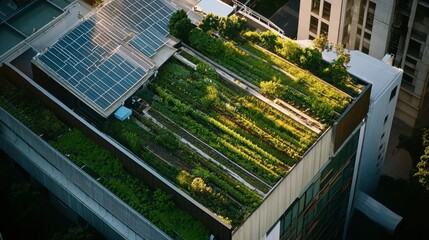 Green Rooftop Garden with Solar Panels and Vegetation