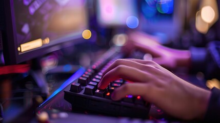 Fototapeta premium High-performance gaming PC setup with RGB lighting and ergonomic accessories. Ideal for hardcore gamers looking for fast, smooth, and immersive gameplay. Featuring cutting-edge technology 