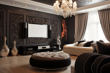 A spacious living area with a mix of black, white, and grey tones; minimalist sofas and metallic decor elements, round ceiling,led light around walls with large windows overlooking a city skyline.