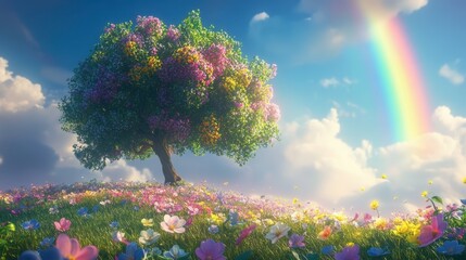Vibrant Tree with Flowers and Rainbow in Sky