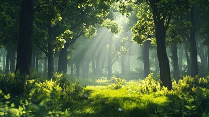 Obraz premium A vibrant green forest with sunlight filtering through the tall trees, creating a serene atmosphere. Lush plants cover the ground, providing a tranquil natural scene.
