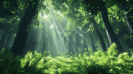 Obraz premium A vibrant green forest with sunlight filtering through the tall trees, creating a serene atmosphere. Lush plants cover the ground, providing a tranquil natural scene.