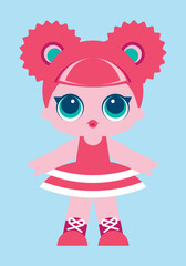 Cute sweet lol doll with big shiny eyes in pink dress and sneakers. Favorite girly toy. Icon, symbol, logo, sign, isolated object